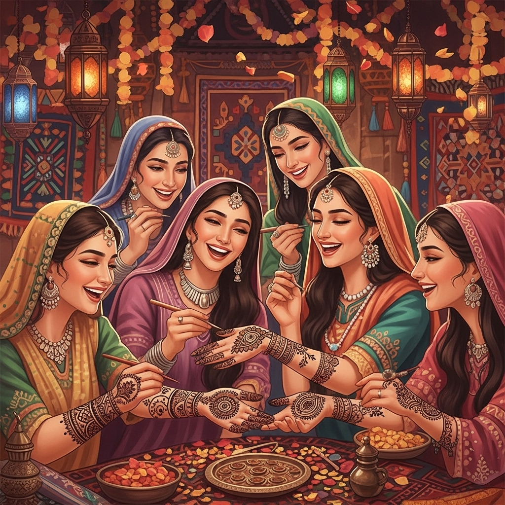 A historical depiction or stylized illustration of women gathered together, applying henna designs on each other's hands during a traditional celebration.